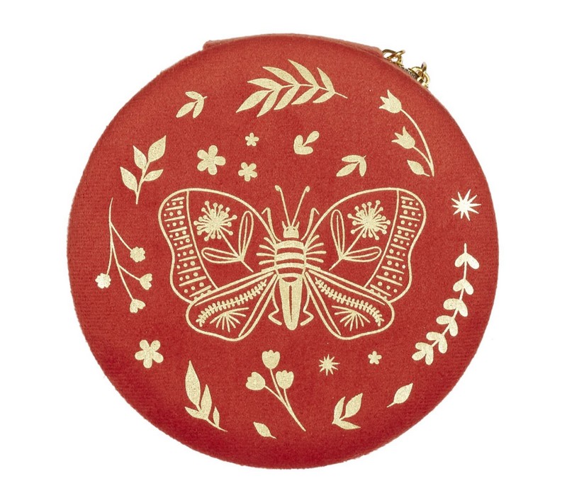 Portagioie portatile in velluto rosso decorato con farfalla, chiusura zip con 2 scomparti, porta anelli e tasca